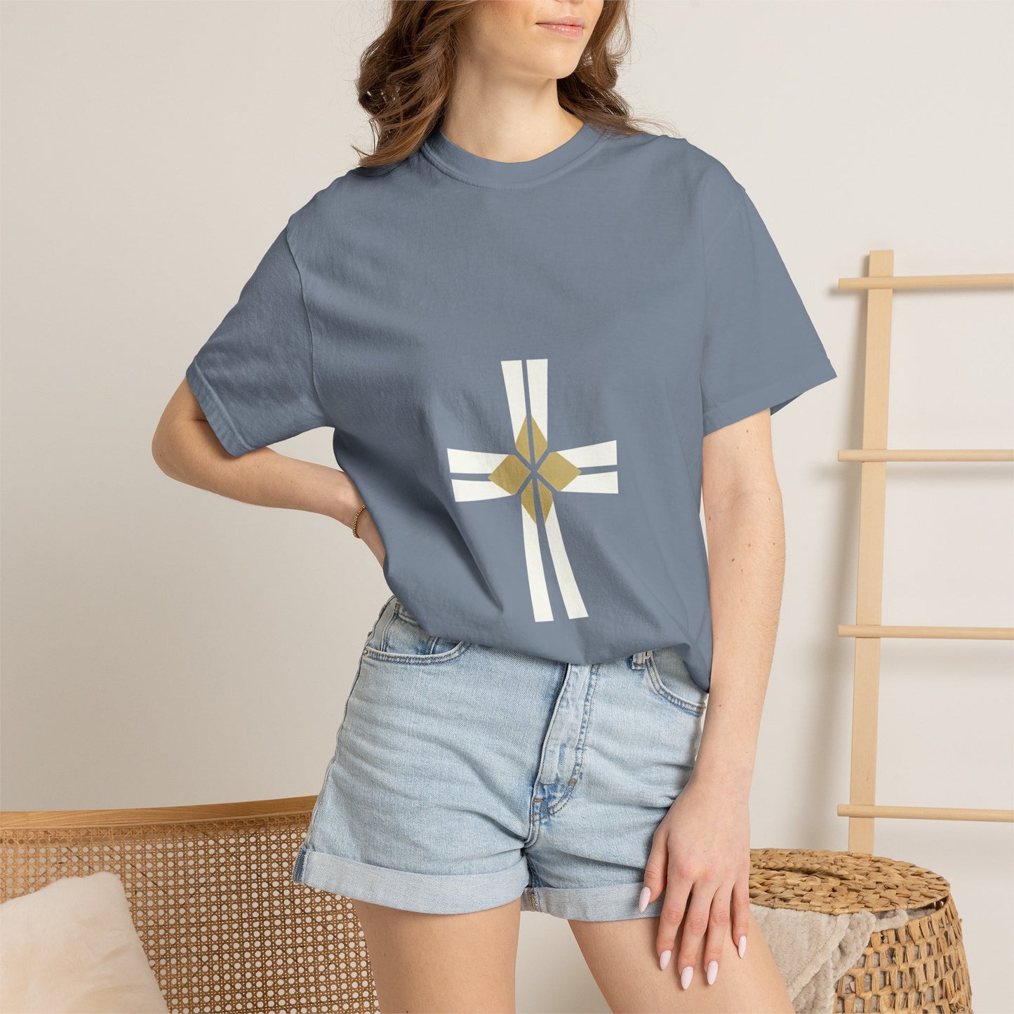 Minimal Gold Compass T-Shirt — Small Center Geometric Graphic