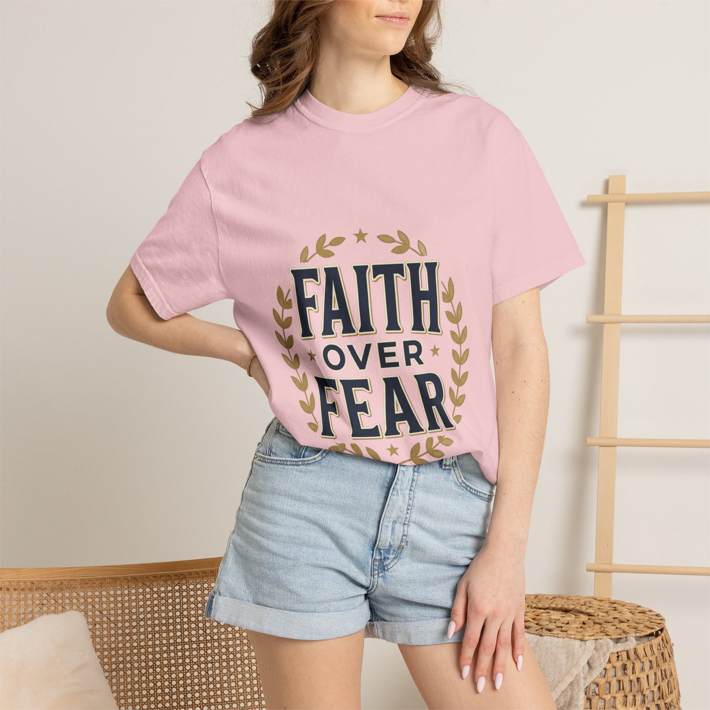 Faith Over Fear T‑Shirt — Inspirational Christian Tee with Laurel Emblem
