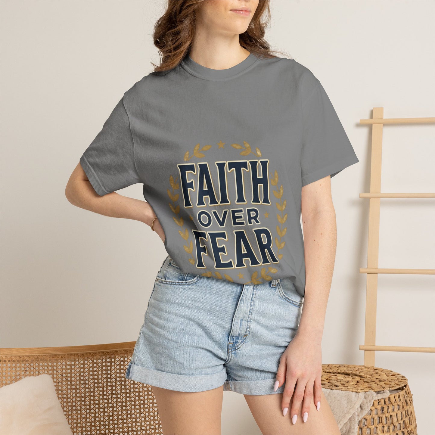 Faith Over Fear T‑Shirt — Inspirational Christian Tee with Laurel Emblem