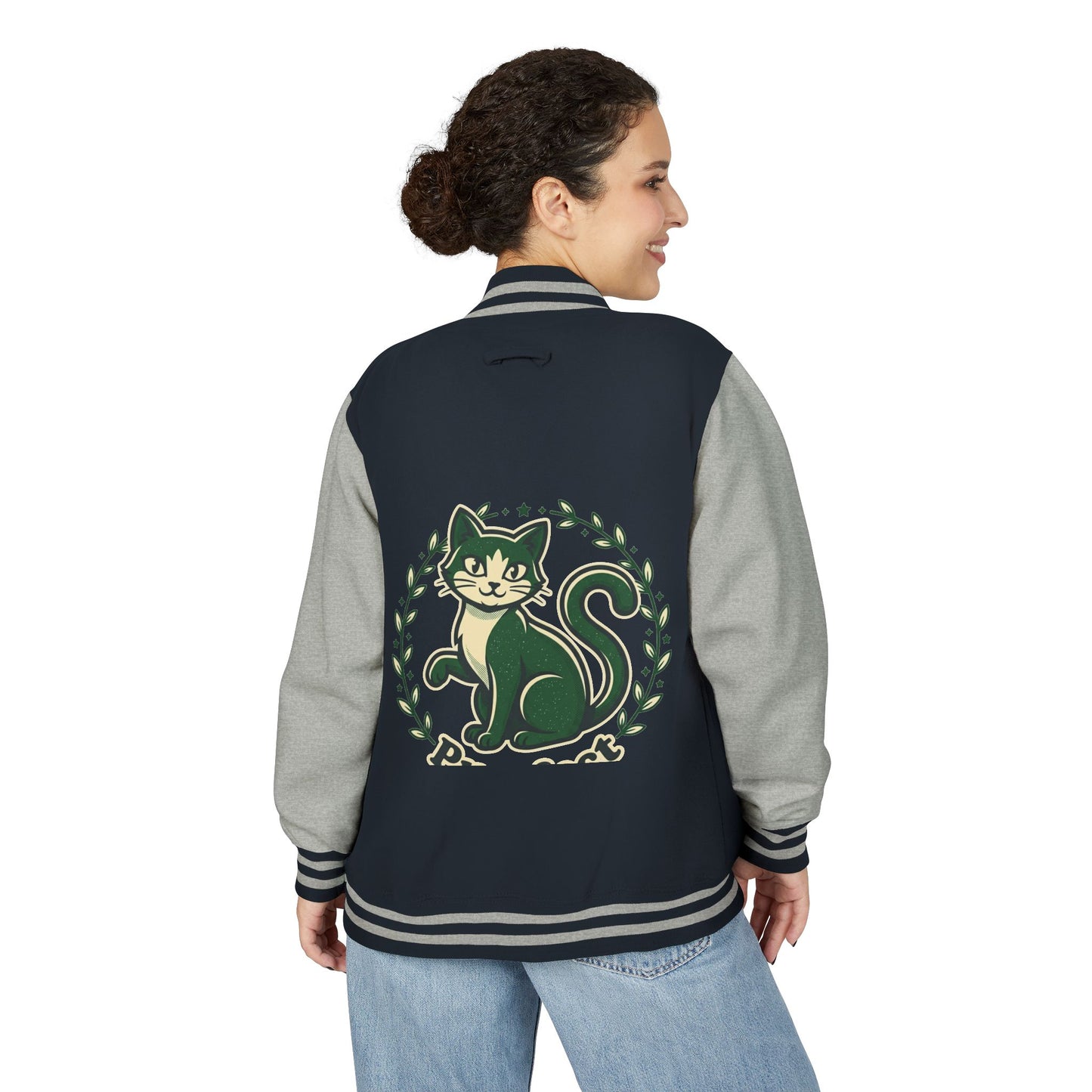 Letterman Jacket — Retro Green Cat Crest Varsity Jacket