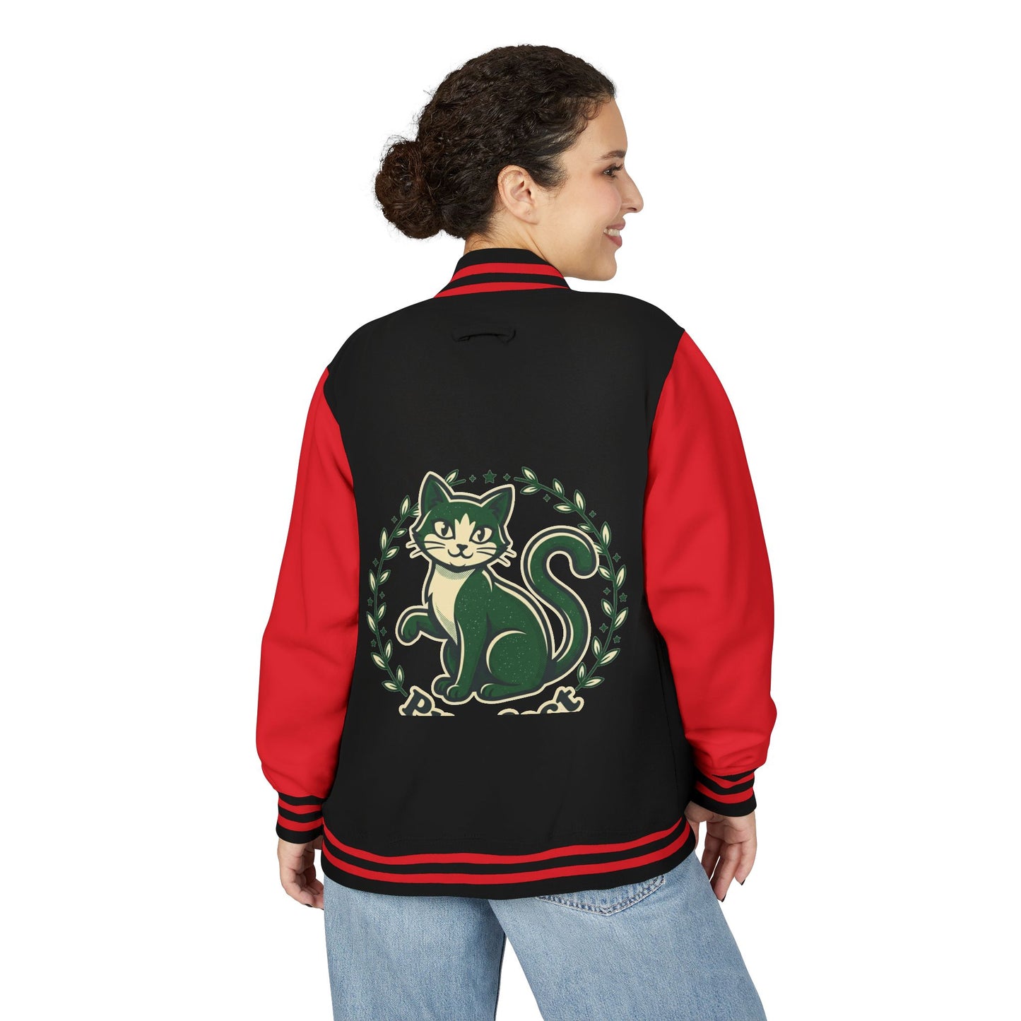 Letterman Jacket — Retro Green Cat Crest Varsity Jacket