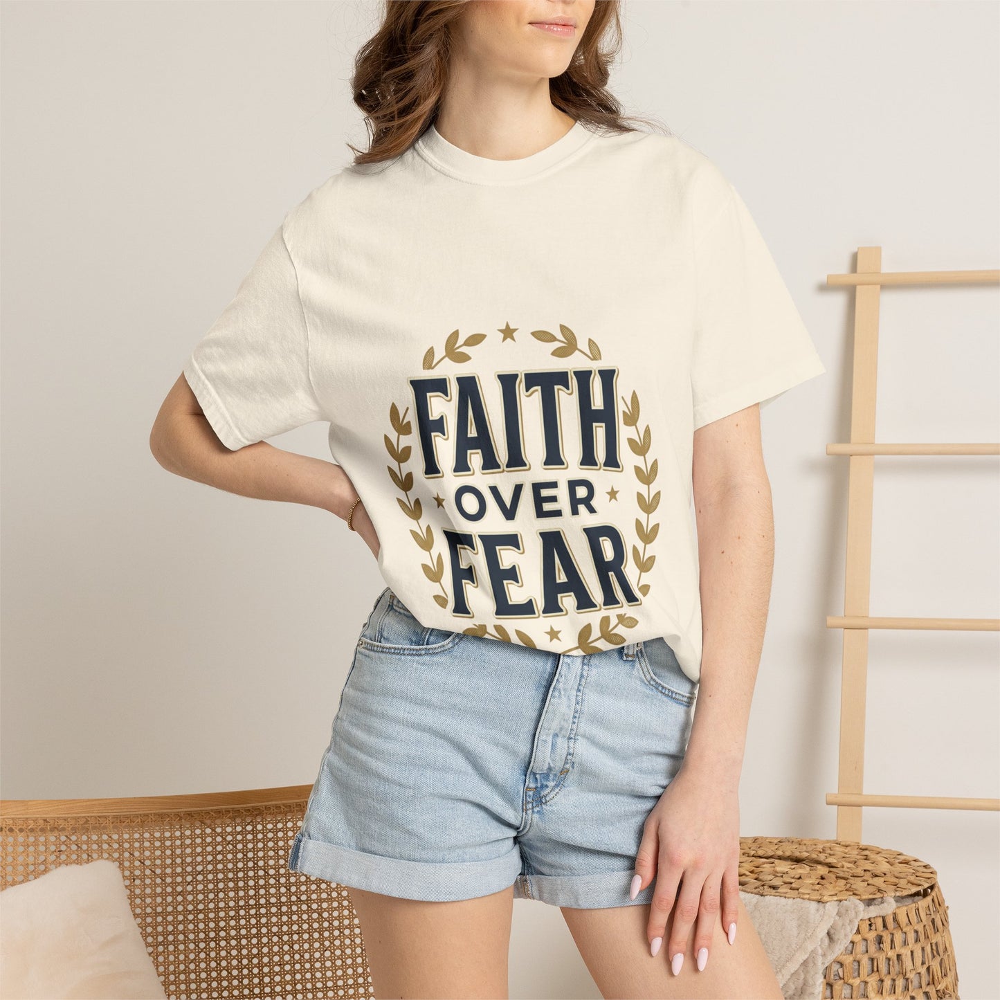 Faith Over Fear T‑Shirt — Inspirational Christian Tee with Laurel Emblem