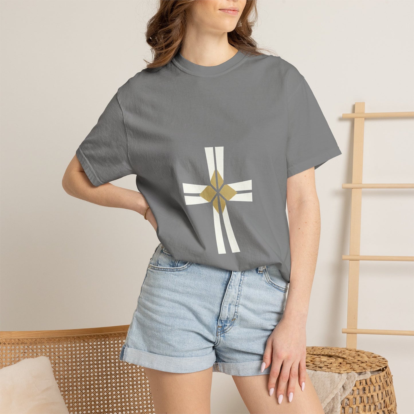 Minimal Gold Compass T-Shirt — Small Center Geometric Graphic