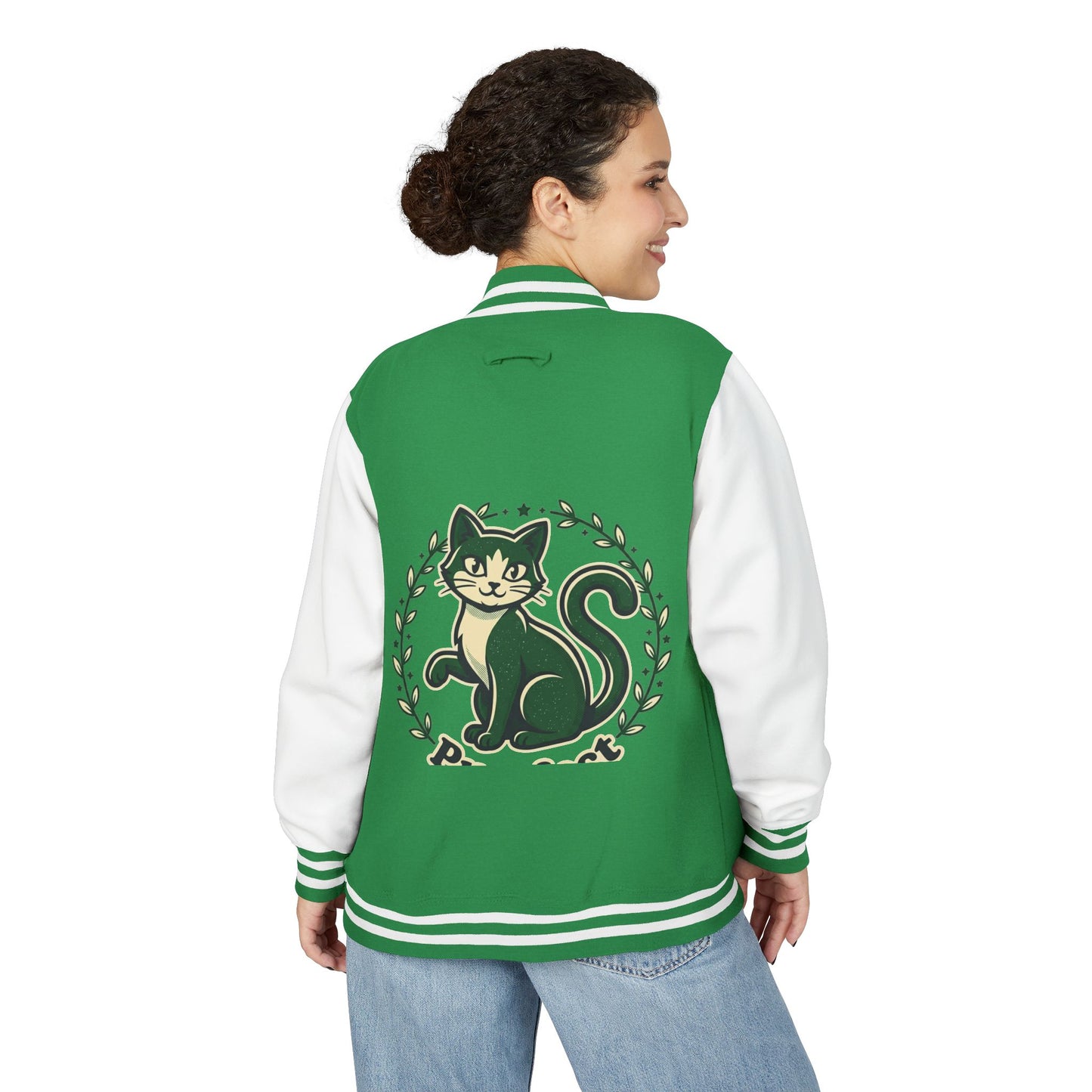 Letterman Jacket — Retro Green Cat Crest Varsity Jacket