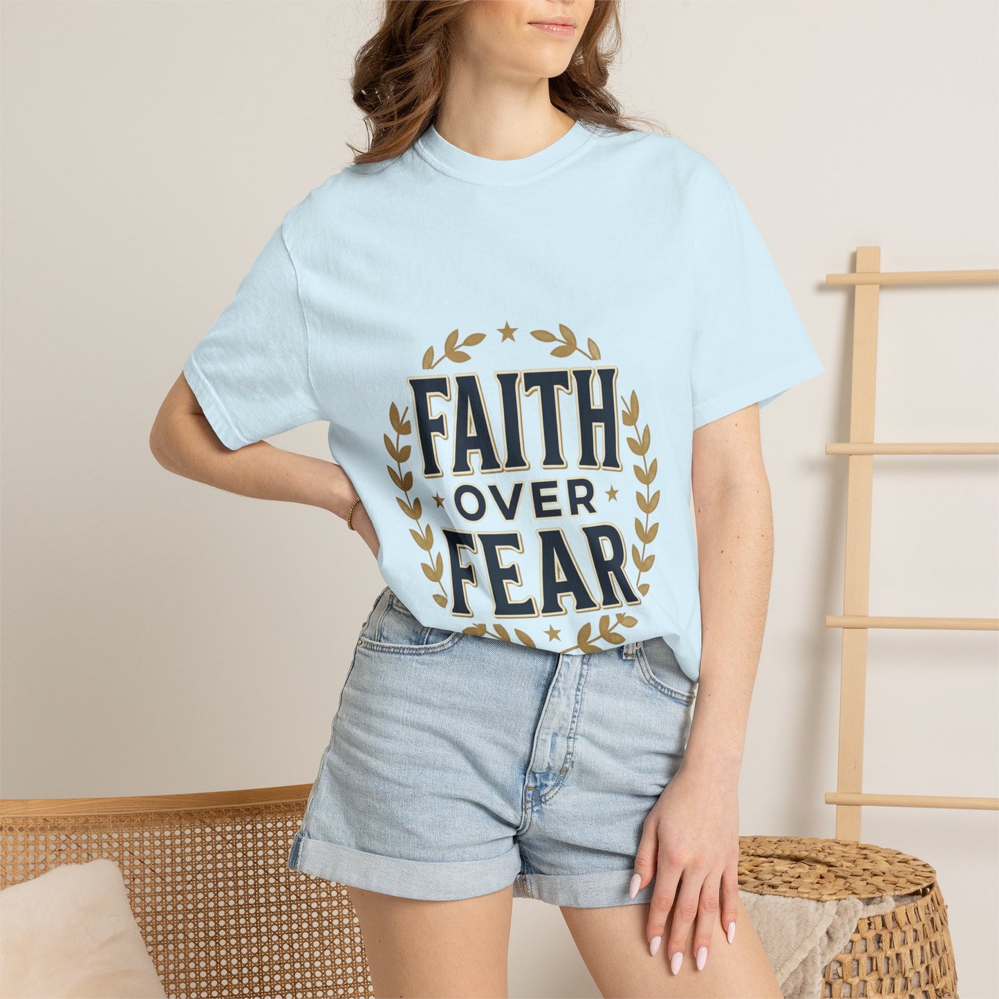Faith Over Fear T‑Shirt — Inspirational Christian Tee with Laurel Emblem
