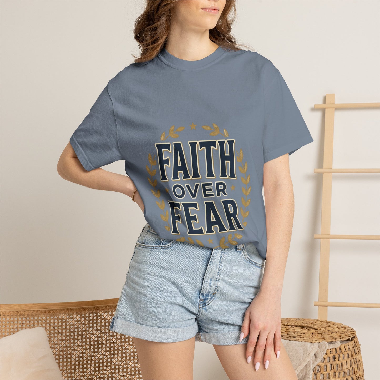 Faith Over Fear T‑Shirt — Inspirational Christian Tee with Laurel Emblem