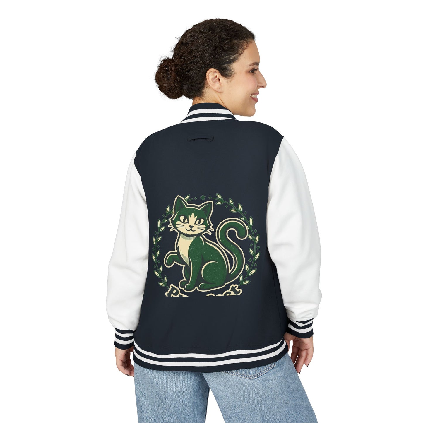 Letterman Jacket — Retro Green Cat Crest Varsity Jacket