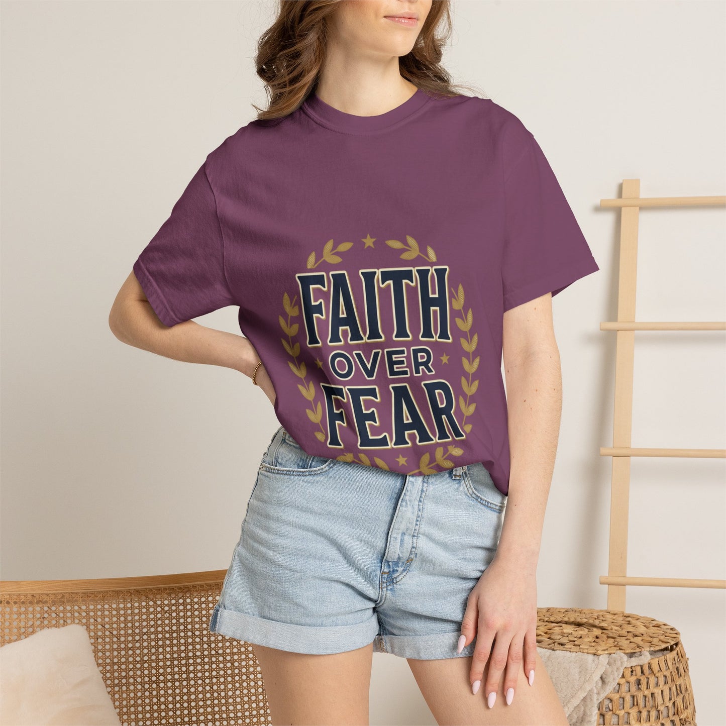 Faith Over Fear T‑Shirt — Inspirational Christian Tee with Laurel Emblem