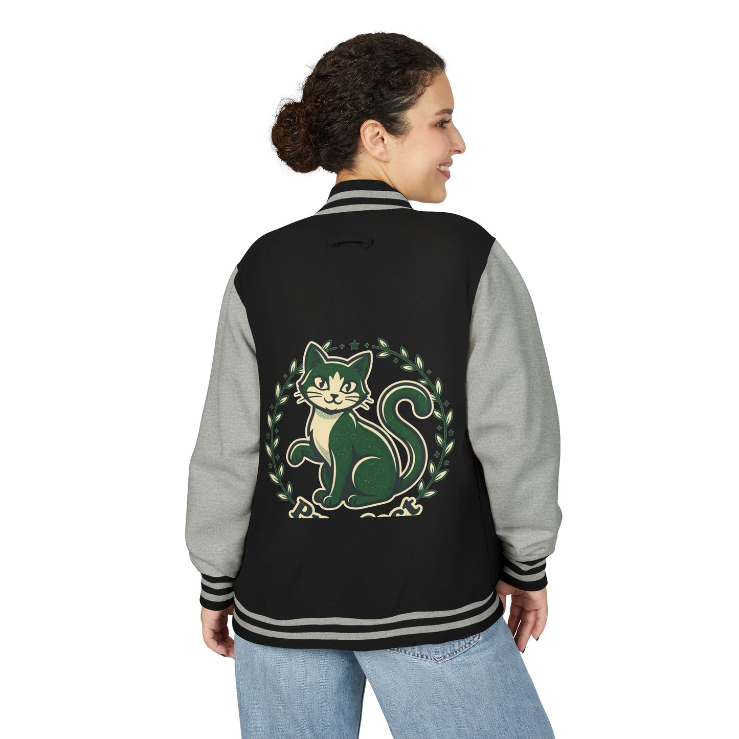Letterman Jacket — Retro Green Cat Crest Varsity Jacket