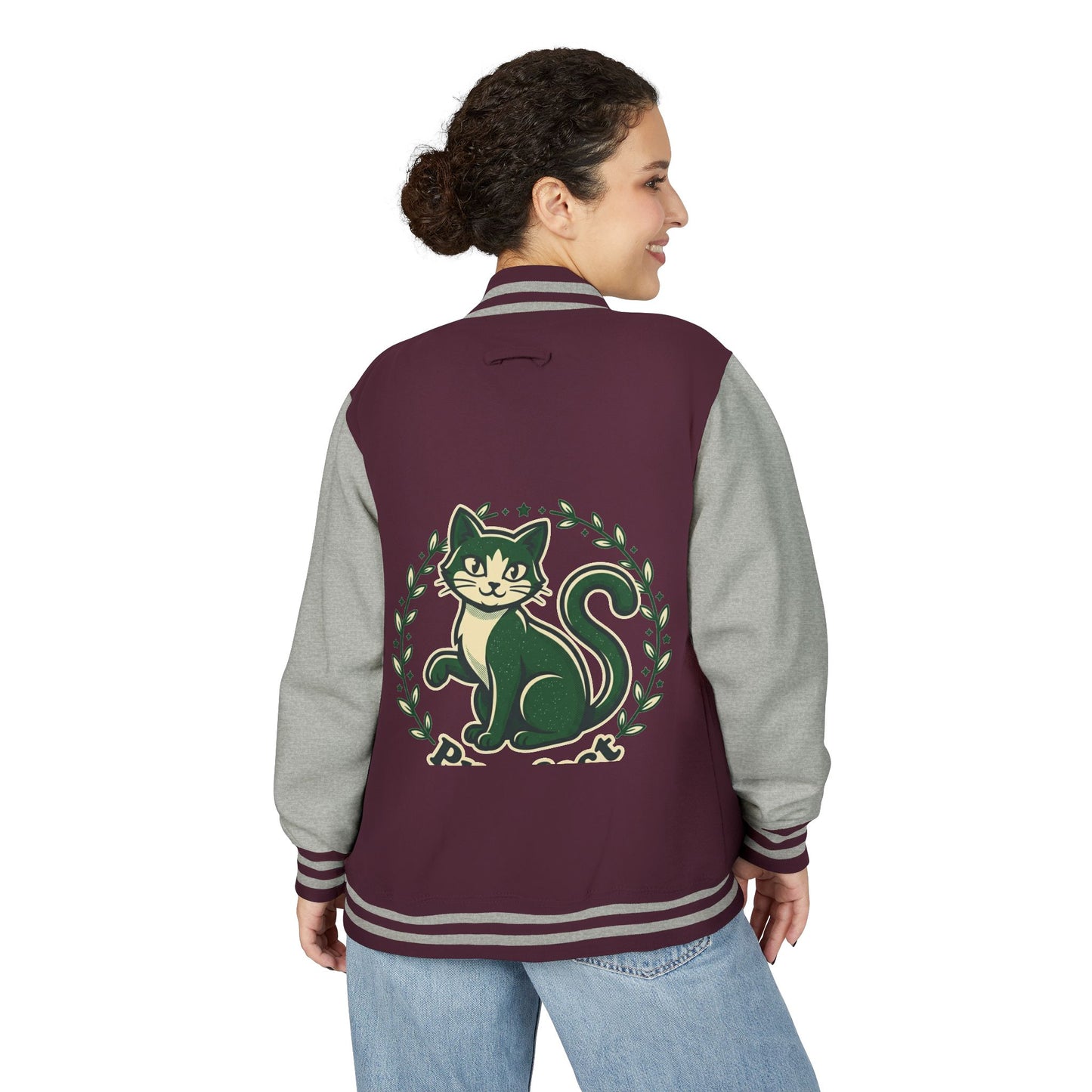 Letterman Jacket — Retro Green Cat Crest Varsity Jacket